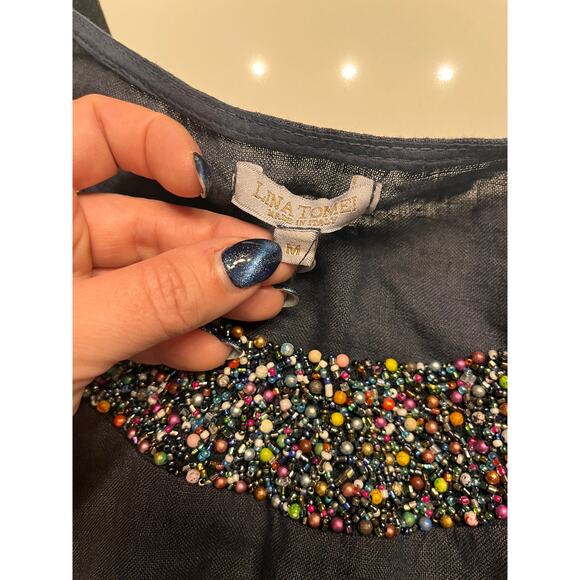 Lina Tomei Navy Blue Linen Short Sleeve Embellished Shift Dress Pockets - Picture 4 of 9